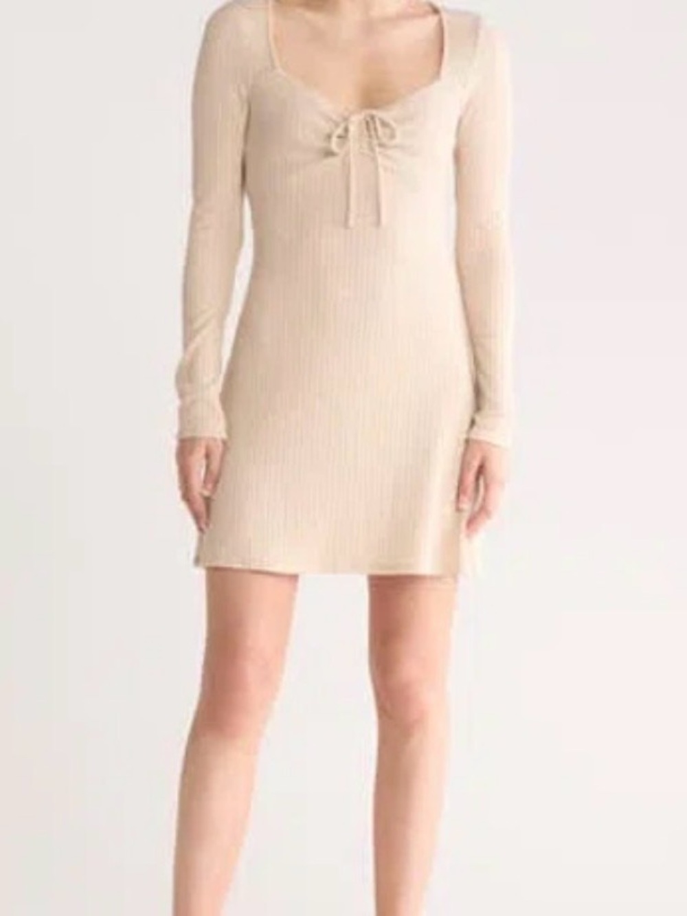Lush Beige Ribbed Tie-Front Long Sleeve Mini Dress